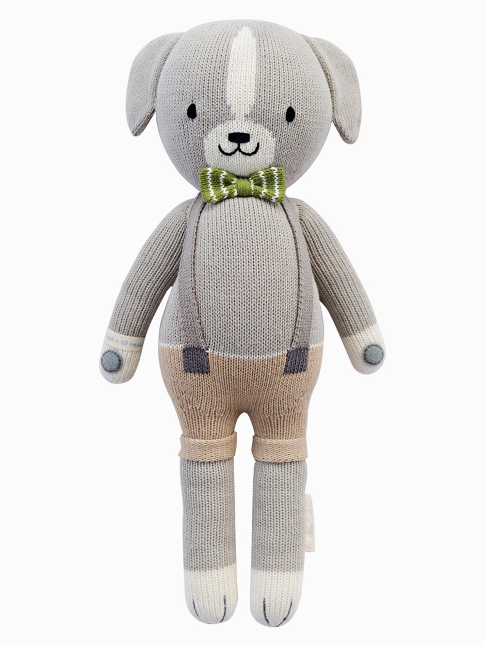 Cuddle and Kind Plush Knit Gray Puppy Doll with Green Bow - Kids Toys